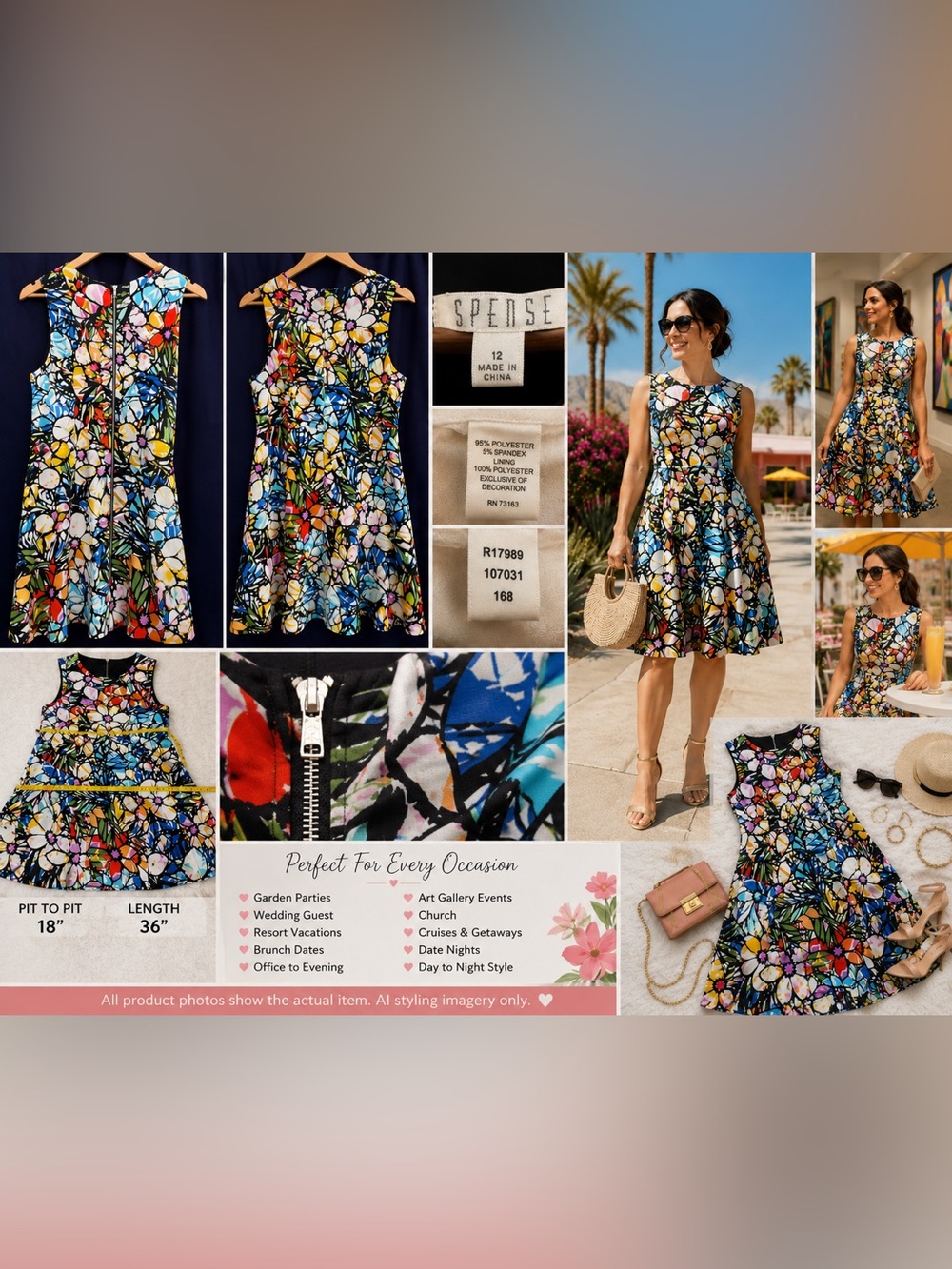 EUC Spense Painterly Floral Dress 12 Color Pop Stain Glass Wedding Summer Office